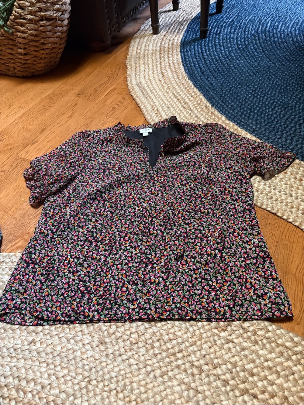 J. Crew Black Floral Short Sleeve Blouse